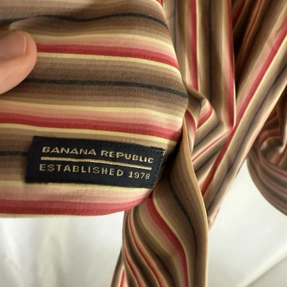 Banana Republic Dress Shirt Men's Large Brown Striped Button Up Long Sleeve
